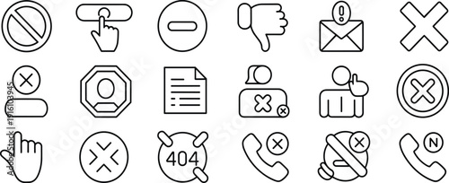 Collection of black outline representing actions and errors on a white background