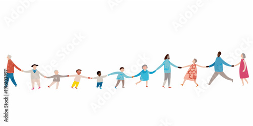 A diverse group of people holding hands in a connected line illustration