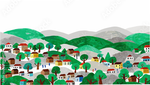 A quaint village nestled amongst rolling green hills and rocky slopes