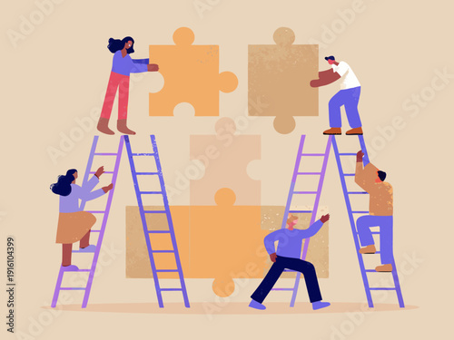 Diverse team collaborating connecting puzzle pieces while ascending on ladders