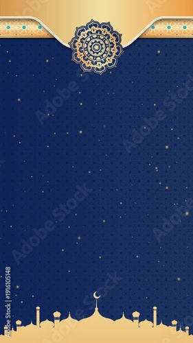 Elegant Islamic mandala backdrop featuring royal navy tones, golden geometric pattern, and soft bokeh sparkle