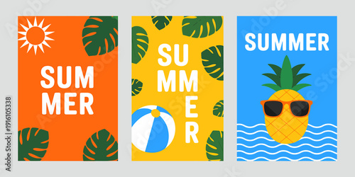 Summer posters with tropical leaves beach ball and pineapple  seasonal holiday graphics
