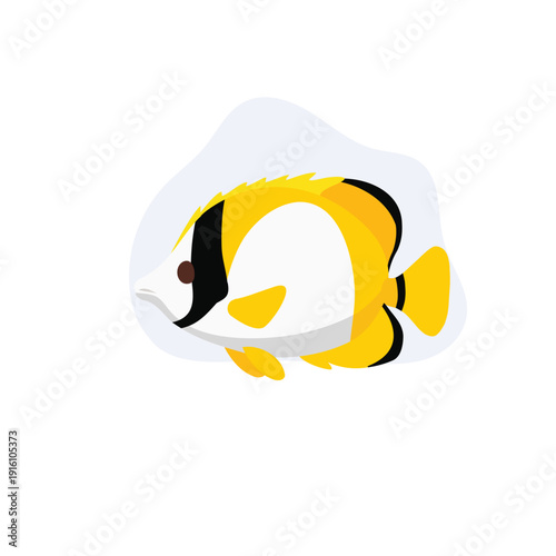 Flat style butterflyfish illustration featuring a bright yellow and black reef fish in tropical ocean waters,