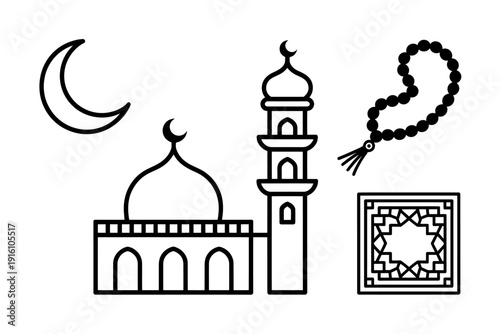 Islamic architecture and symbols including mosque and rosary on transparent background