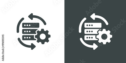 Server and gear icons with circular arrows on white and gray backgrounds