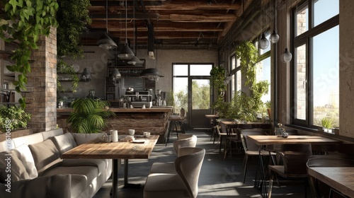 Cozy and Modern Cafe Interior with Natural Light and Greenery Enhancing the Ambiance and Design