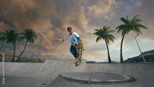 Fotografía Skateboarder doing a trick in a skate park on sunset.