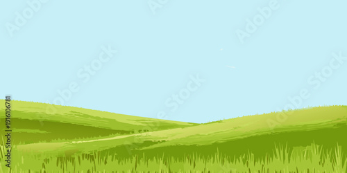 A serene landscape featuring green hills and a clear blue sky above