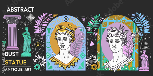 An artistic composition featuring classical busts columns and botanical elements