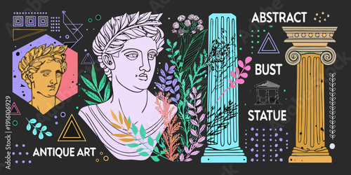 Ancient busts and classical elements in a modern colorful illustration