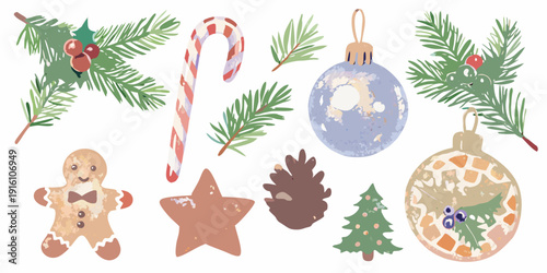 Festive christmas decorations including ornaments gingerbread and evergreen branches