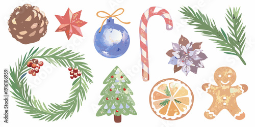 Watercolor christmas decorations pinecones ornaments gingerbread and festive holiday elements