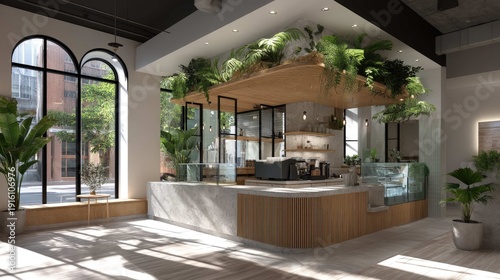 Cozy Modern Interior with Natural Plants, Bright Light, Open Space, and Stylish Design Elements in a Contemporary Cafe Setting