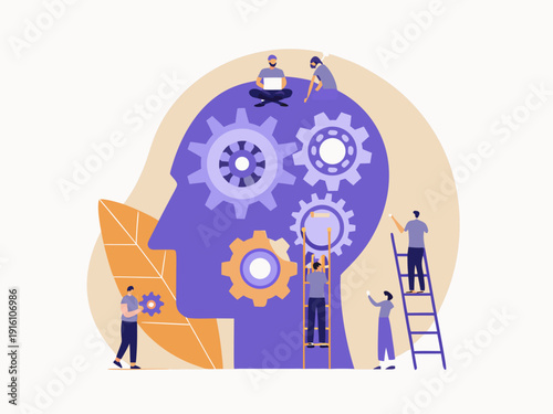 Human mind illustrated with gears people and a leaf representing thought processes