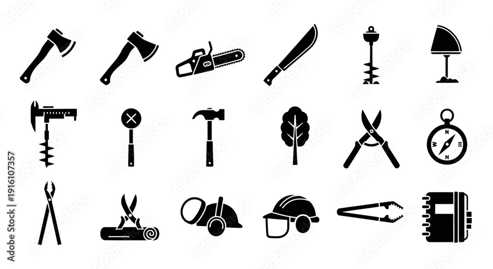 Fototapeta premium Minimalist black silhouette icon collection featuring twelve different tools used in forest management and fieldwork. The icons focus on functional abstraction and clean visual balance