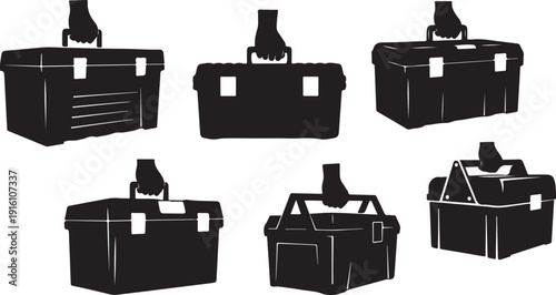 Collection of black toolboxes with various handle designs shown