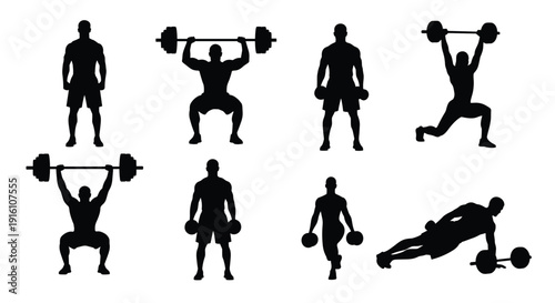 Weightlifting silhouettes set, men bodybuilding, lifting barbells and dumbbells, crossfit and strength training exercises, fitness workout isolated on white background.