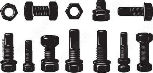 Collection of black bolts and nuts on white background
