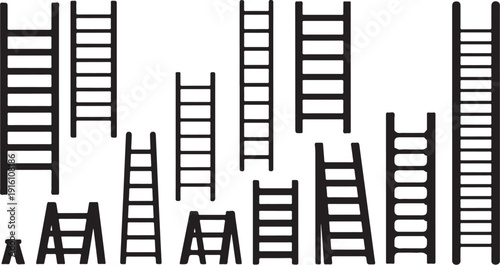 Many black ladders on white background for climbing purposes