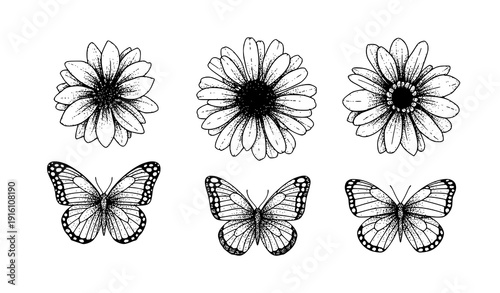 Y2K vintage flower and butterfly stipple dot vector collage isolated