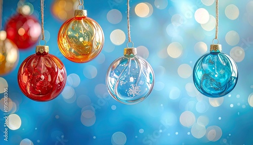 Festive Holiday Ornaments on Strings with Bokeh Background for Celebration and Decorations.