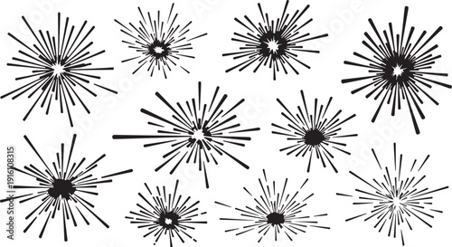 Black and white abstract explosion burst design elements set