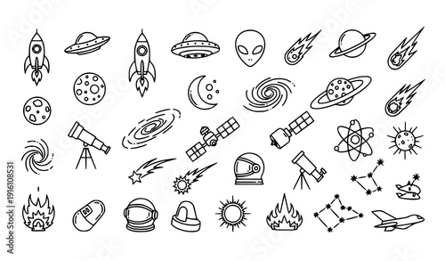 Decorative Space Line Icon Set with Aliens, Meteors, Planets, and Spaceships