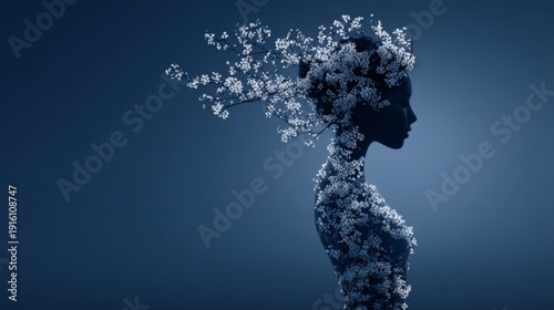 A blue‑hued woman silhouette adorned with a floral crown, exuding beauty and elegance