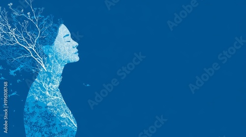 Floral‑crowned woman silhouette in blue, showcasing beauty and elegance