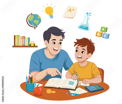 Happy Father Teaching Son at Home – Parenting and Education Flat Vector Illustration. Father Helping Child with Homework at Study Table Flat Illustration.