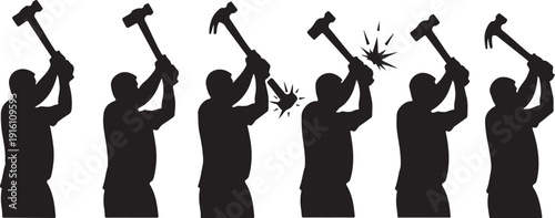 Silhouette of a man swinging a hammer in sequence