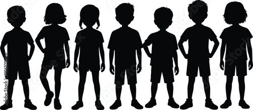 Kids standing silhouettes lineup, boys and girls front view poses together, child group vector illustration, isolated black figures, childhood concept collection