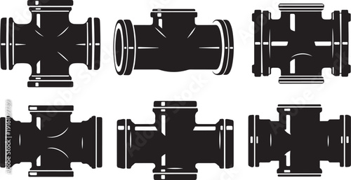 Black pipe fittings and connectors on white background illustration