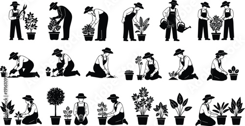 Collection of Gardeners and Plant Care Silhouettes, Featuring Men and Women Planting, Pruning, and Watering Potted Flowers for Professional Horticulture Design Projects,