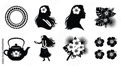 Collection of Hawaiian Tropical Elements Featuring Hula Dancer Silhouettes, Hibiscus Flowers, Palm Leaves, Floral Lei, and Teapot with Hibiscus Detail, Isolated on White
