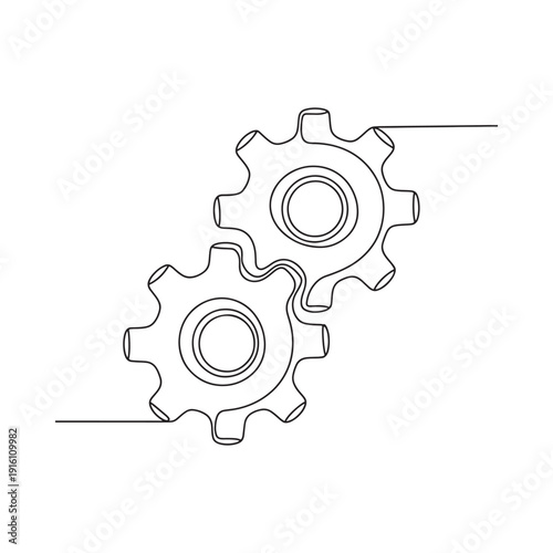 Continuous line drawing of interconnected gears representing process and mechanics
