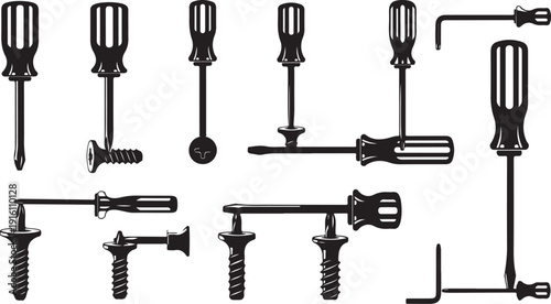 Various types of screws and screwdrivers on display