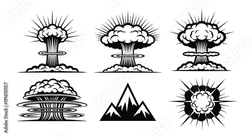 Collection of Mushroom Cloud Explosions and Nuclear Blast Illustrations, Featuring Various Atomic Bomb Detonation Effects and a Mountain Icon, Isolated on White Background