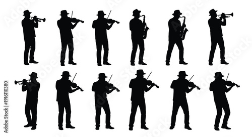 Collection of Professional Musicians Silhouettes Featuring Violinists, Saxophonists, and Trumpeters in Elegant Performance Poses for Classical and Jazz Music Design Concepts,