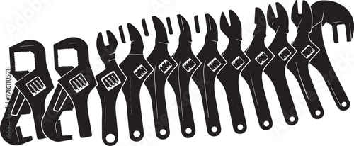 Collection of adjustable wrenches in black and white illustration
