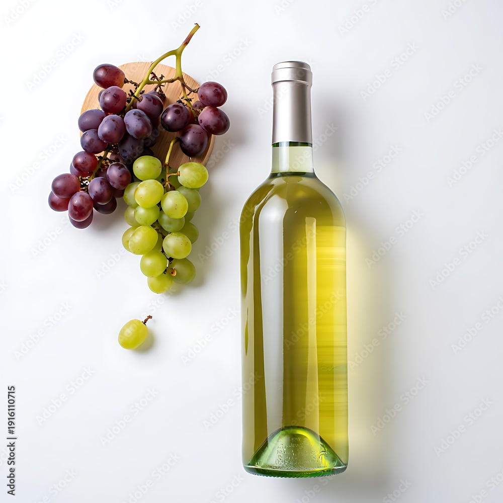 Obraz premium Fresh green grapes and bottle of white wine on light background