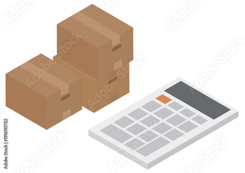 引越し配送梱包などの積み上げられた段ボールと電卓のアイソメトリックイラスト