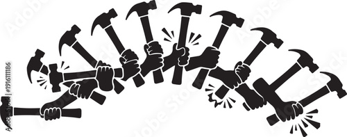 Multiple hands holding hammers in a powerful motion together