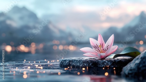 A lily showcased on a sea podium against a fantastical landscape with glowing lights.