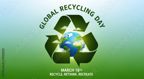 Global recycling day poster with earth in recycling symbol on green gradient background