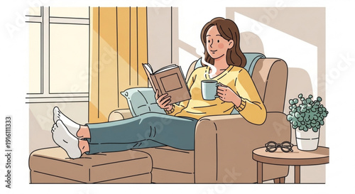 Woman relaxing on sofa reading book with coffee in hand by window with plant on side table