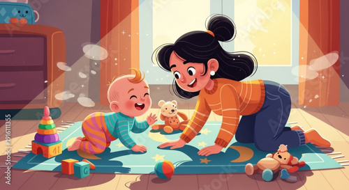 Mother and baby play together on colorful rug in sunny nursery with toys and soft furnishings