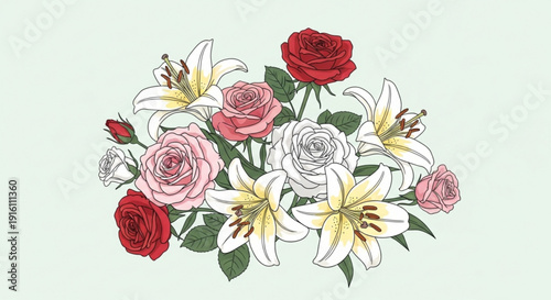 Colorful bouquet of roses and lilies on light green background with vibrant flowers