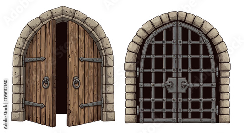 Castle gate vector medieval collection, open wooden ancient door, iron grate, stone arch isolated on white. Vintage city entrance, closed dungeon double entry. Game elements, castle gate illustration