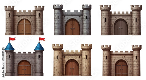 Castle gate vector medieval collection, open wooden ancient door, iron grate, stone arch isolated on white. Vintage city entrance, closed dungeon double entry. Game elements, castle gate illustration